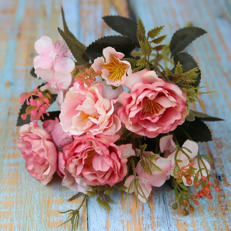 5 Forks 8 Heads Artificial Flowers Small Peony Bouquet Wedding Decorative Plants Wreaths Vases for Home Decoration Accessories