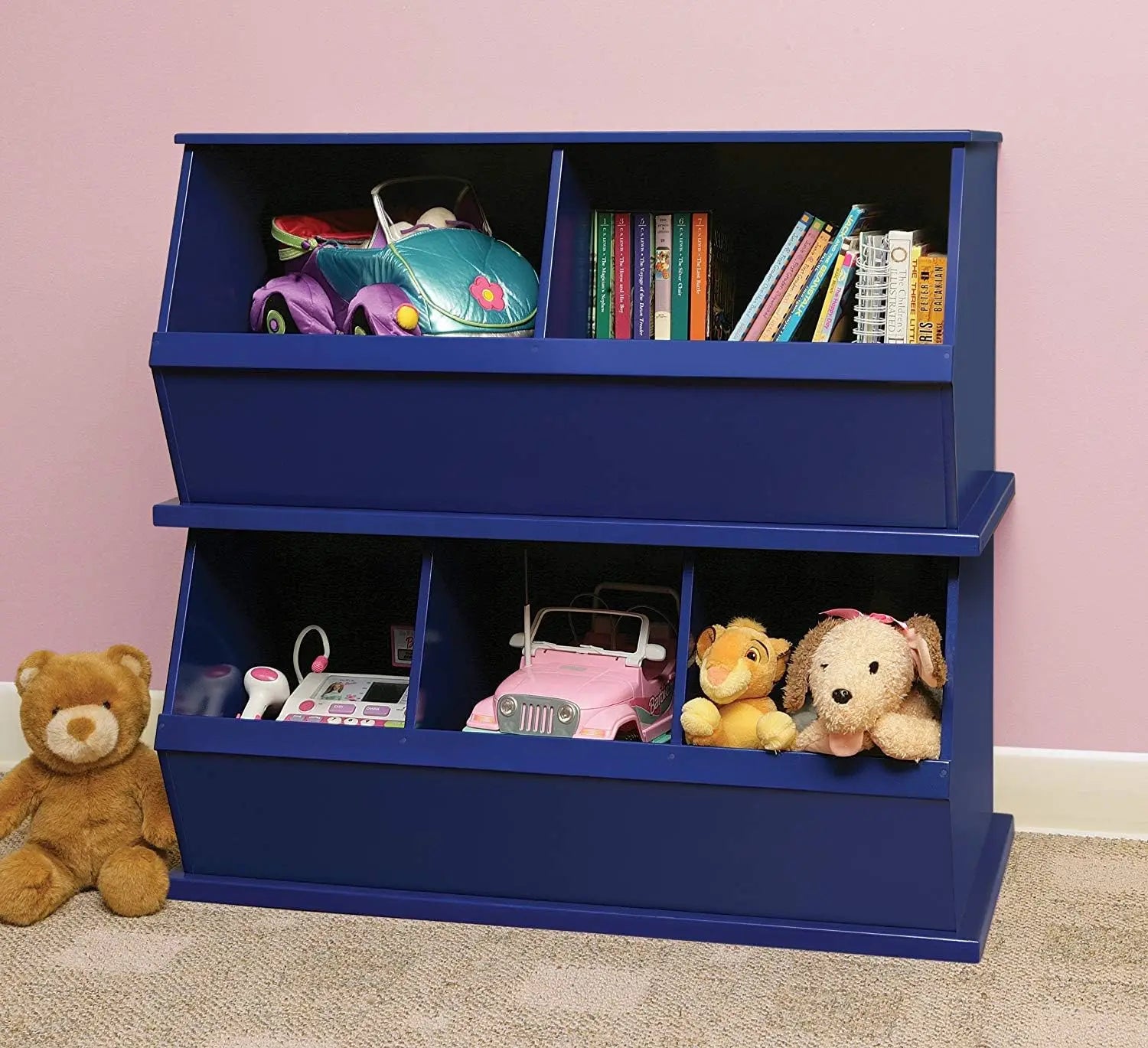 Stackable Toy Storage Organizer with Two Bins - Modular Wood Panel Design for Toys, Books & Crafts