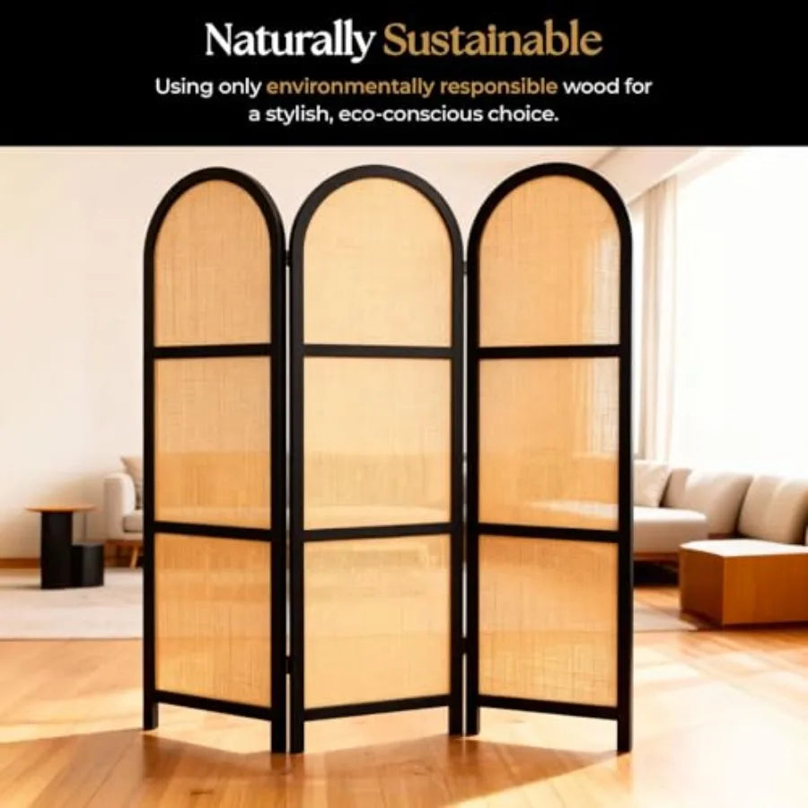3-Panel Room Divider Folding Privacy Screen with Arched Dark Wood Frames and Light Woven Panels Portable Divider for Home Offic