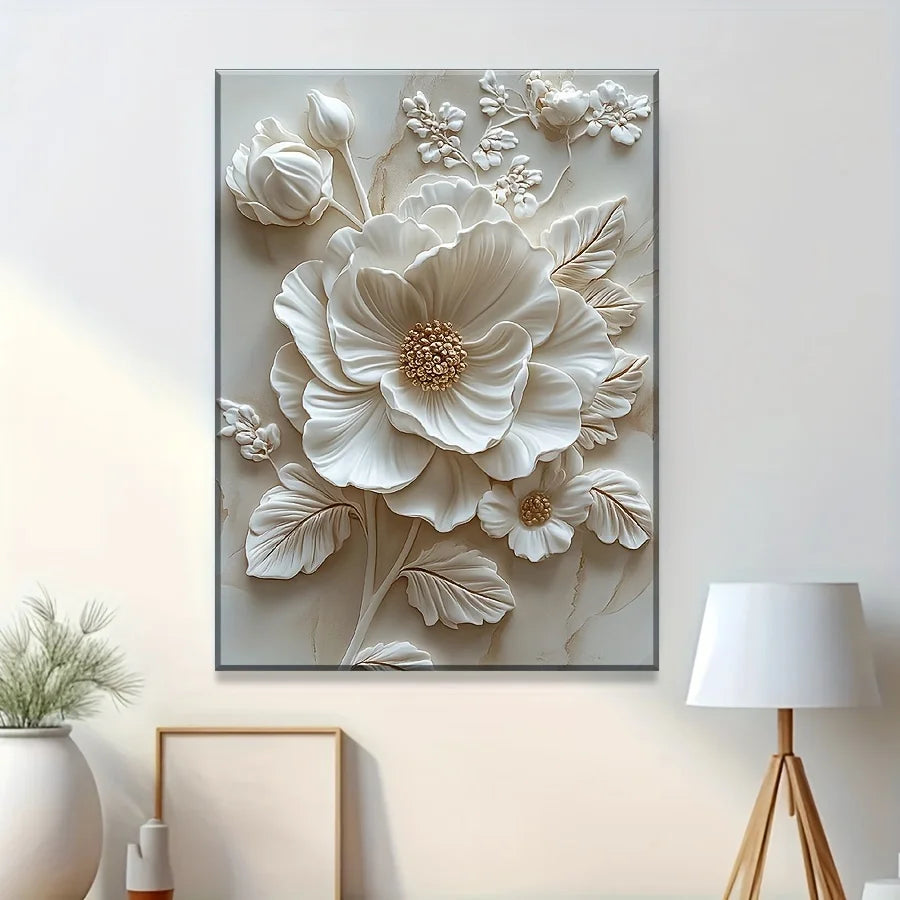 White Flower Pattern Wood Frame Canvas Murals Can Be Hung Directly Wall Mounted Decoration Suitable for HomeLiving Room