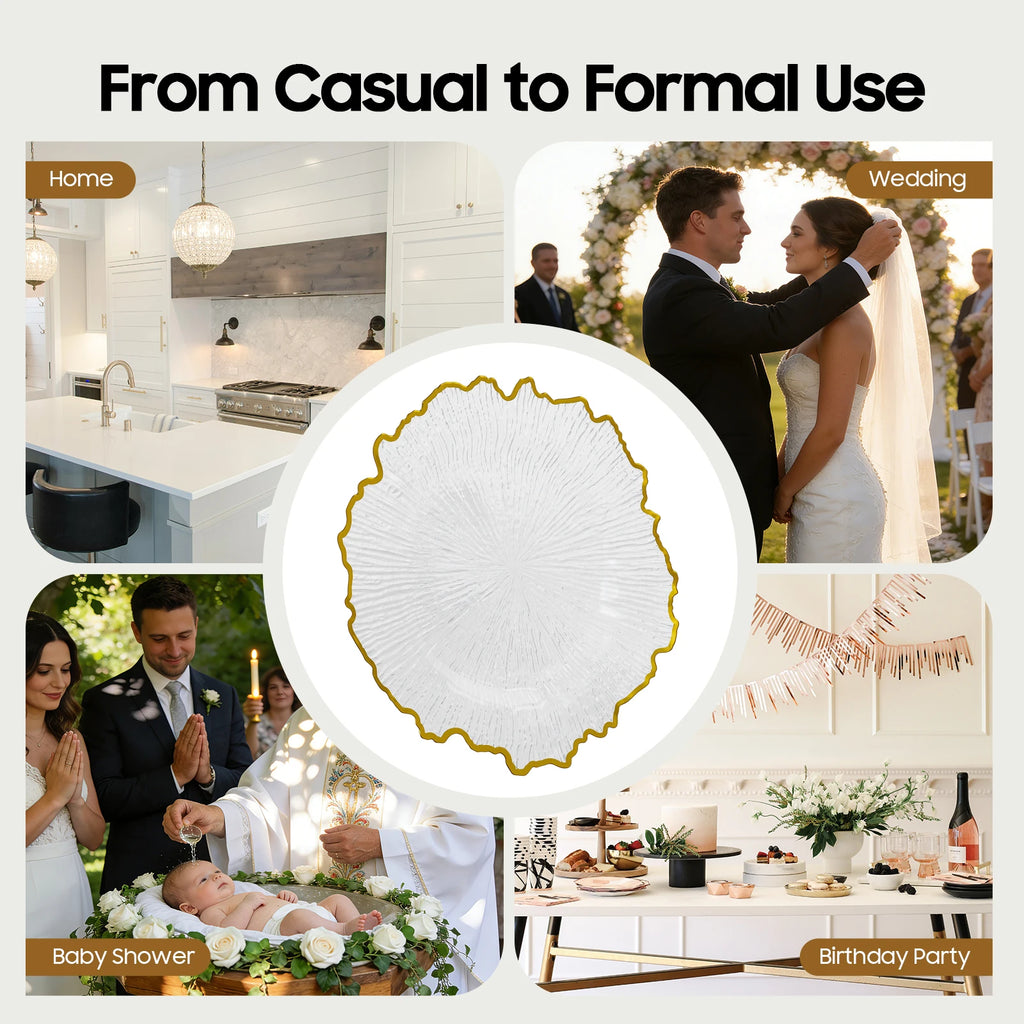 Charger Plate Set of 25 Gold Floral Rim Clear Plastic Serving Charger Plates for Wedding Party Banquet Catering Decoration
