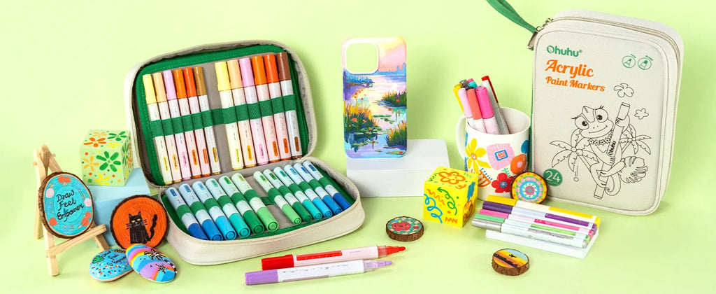Ohuhu Acrylic Paint Markers 48 Paint Pens Reversible Tip Acrylic Markers Waterproof for Rock Painting Easter Egg Wood Plastic