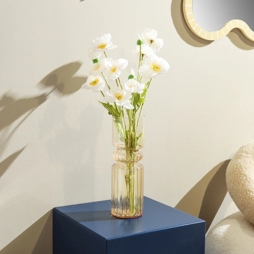 Iridescent Fluted Glass Vase 9.7 Inch Tall Durable Handcrafted Tabletop Centerpiece Home Accent Décor Washable Decorative Vase