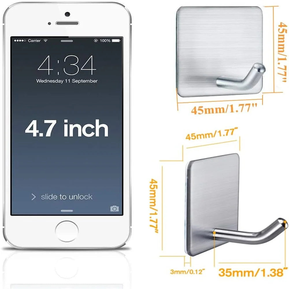 Heavy Duty Adhesive Towel Hook Stainless Steel Adhesive Hook Hanging Bathroom Kitchen Storage Holder Sticky Hooks Silver Hanger