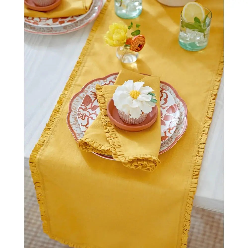 100% Pure Linen Mustard Yellow Table Runner, 14x90 Inches, Handcrafted, Machine Washable, Juliette Ruffle Style