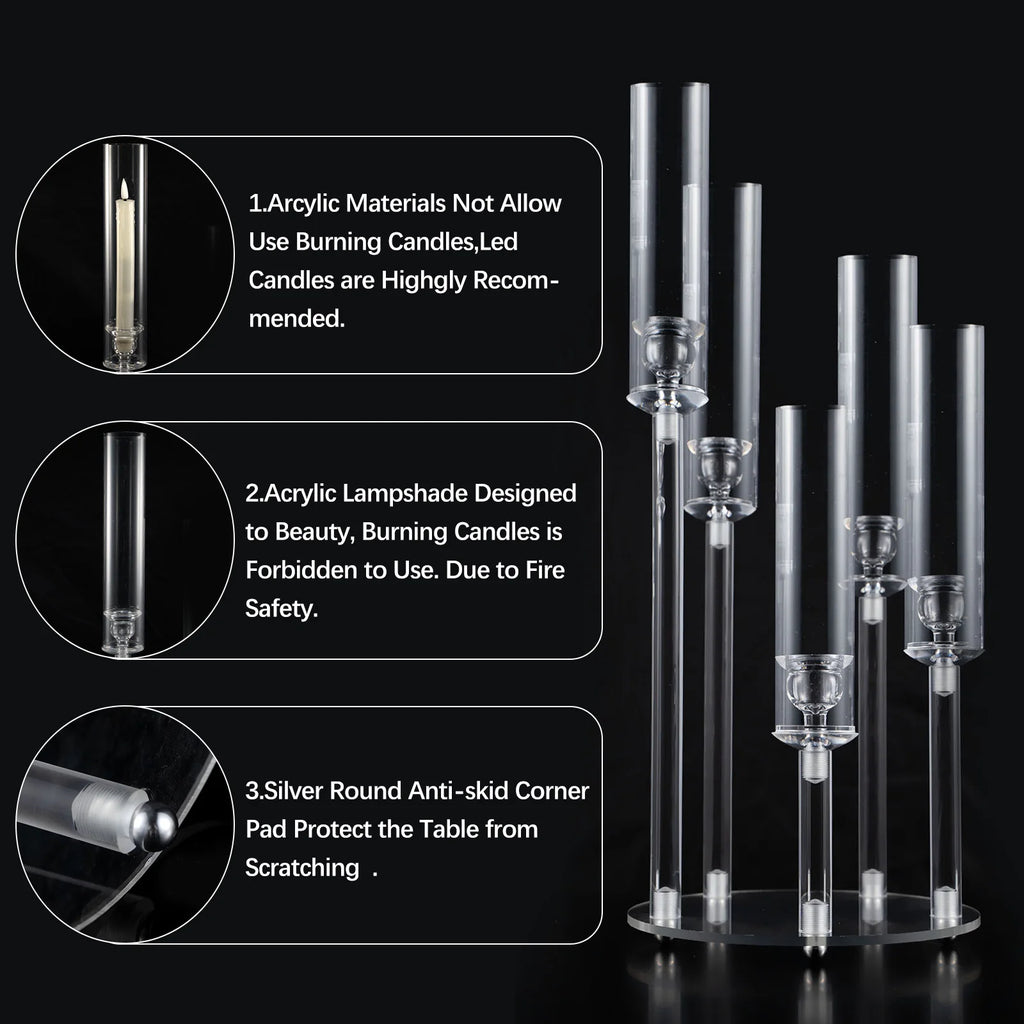 10pcs Acrylic Candelabra Centerpiece for Wedding, 5 Arm Clear Candlestick Holders with Removable Lampshade for Party Table Baby