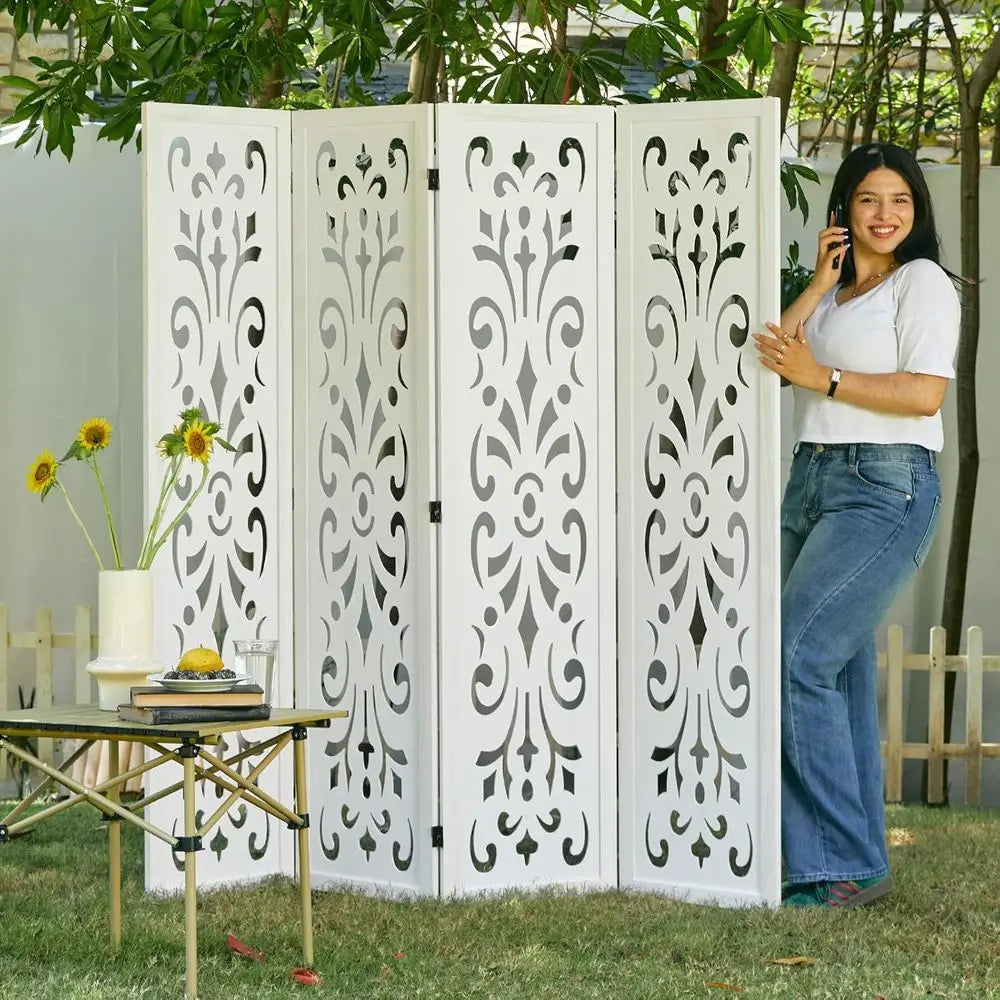 4-Panel White Classic Carved Wooden Room Divider for Home, Office, or Garden