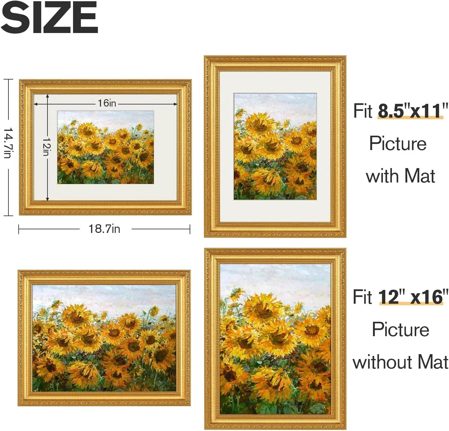 Set of 2 Gold Vintage Picture Frames, 12x16 with Real Glass for Wall or Table Display, Holds 8.5x11 or 12x16 Photos