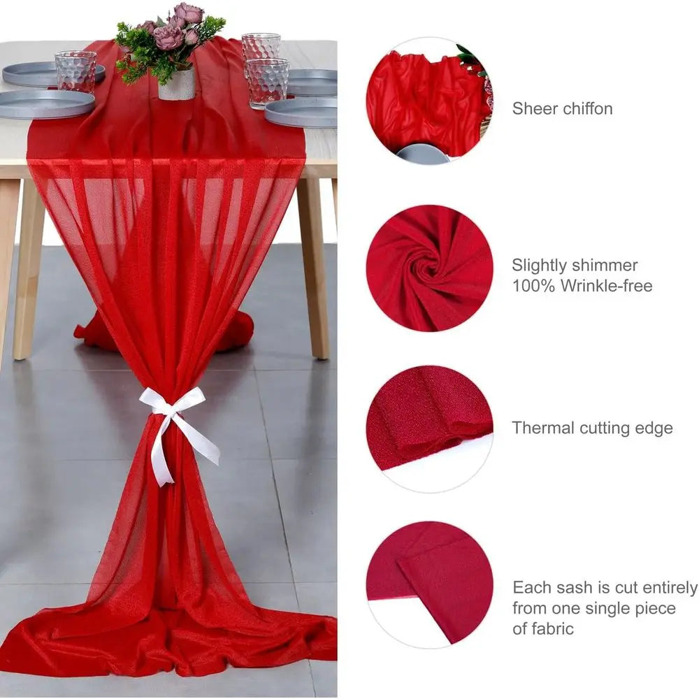 Red 10ft x 120in Shimmering Chiffon Table Runner Set of 5 for Weddings, Showers, Parties & Events