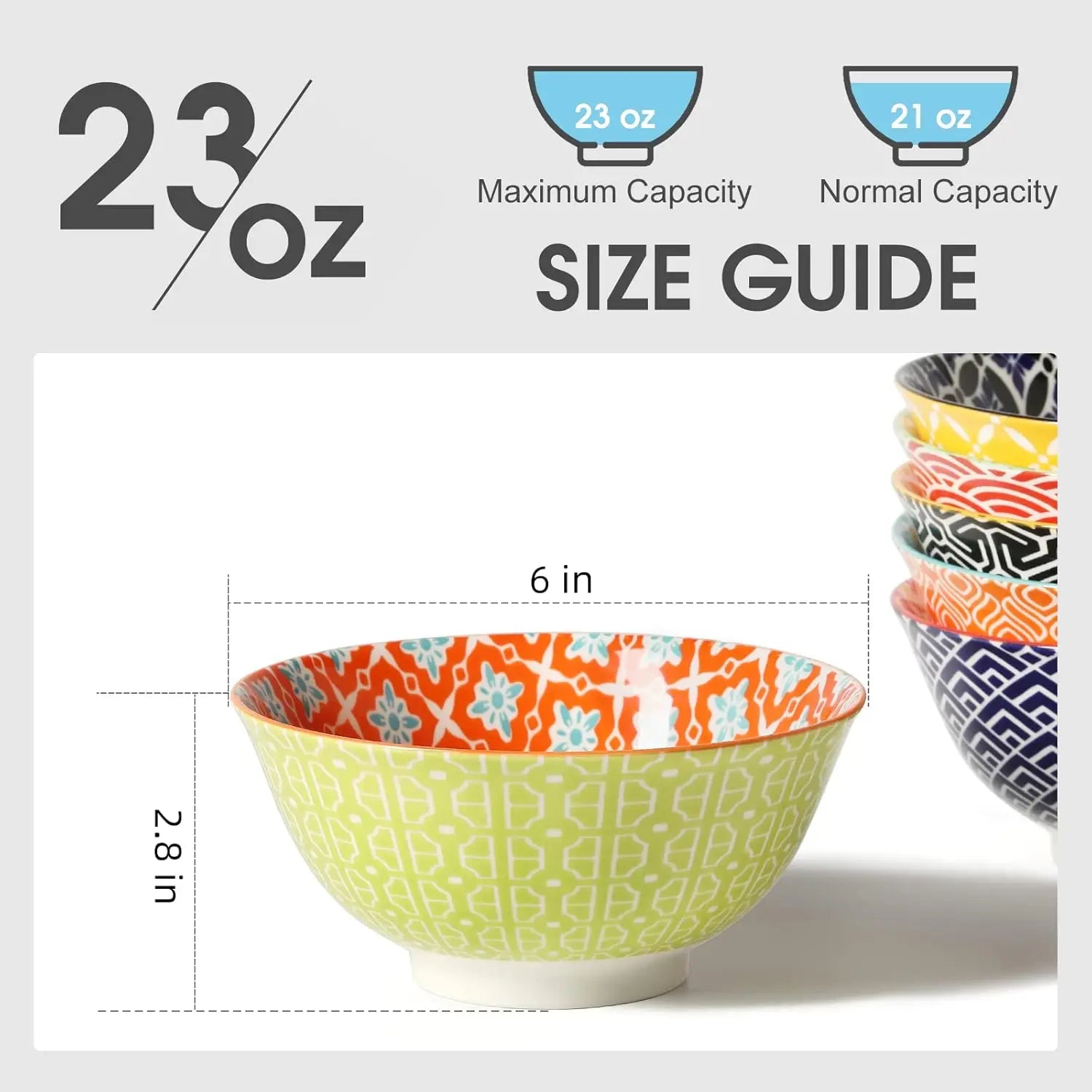 Colorful 23 Oz Ceramic Cereal Bowls Set of 6 for Soup, Salad, Dessert, Pasta & Ice Cream