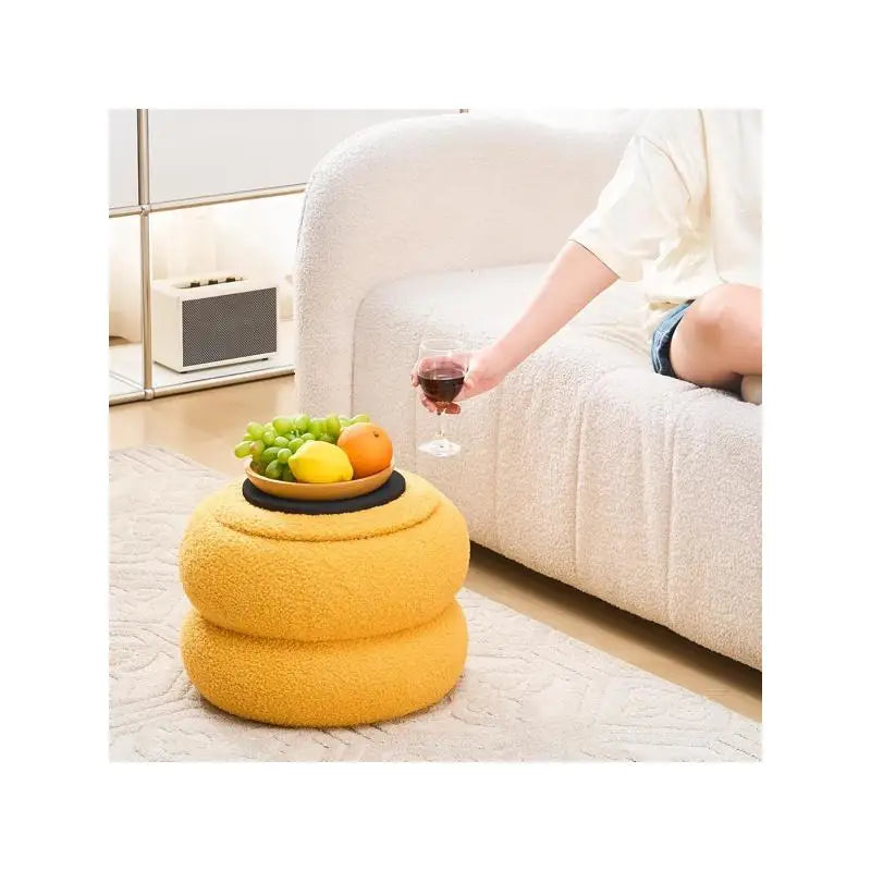 Round Velvet Storage Ottoman with Tray, Macaron-Shaped Footrest & Side Table for Living Room, Bedroom & Hallway Decor - Yellow