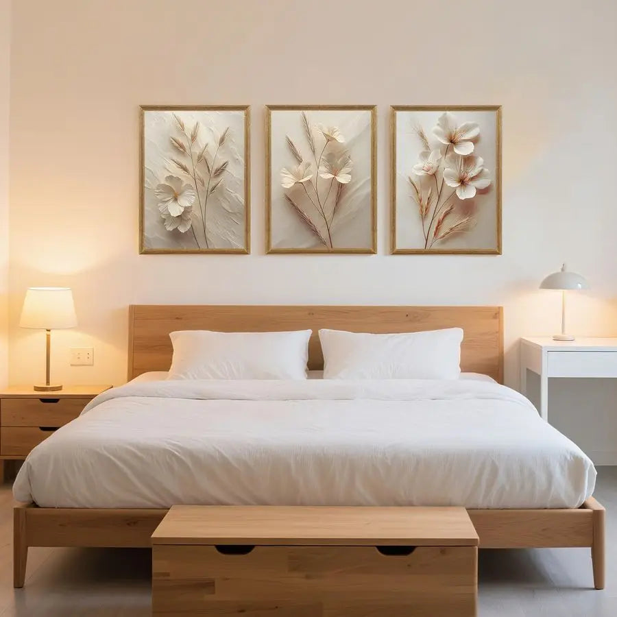 3Pcs Framed Neutral Beige Floral Canvas Wall art, Modern Simple Texture Plant Painting Wall Decor, Vintage Flower Poster Prints