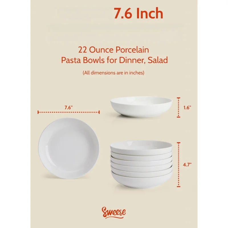 Set of 6 Porcelain Pasta Bowls 22oz - White 7.6-Inch Salad & Serving Plates, Microwave & Dishwasher Safe Dinnerware