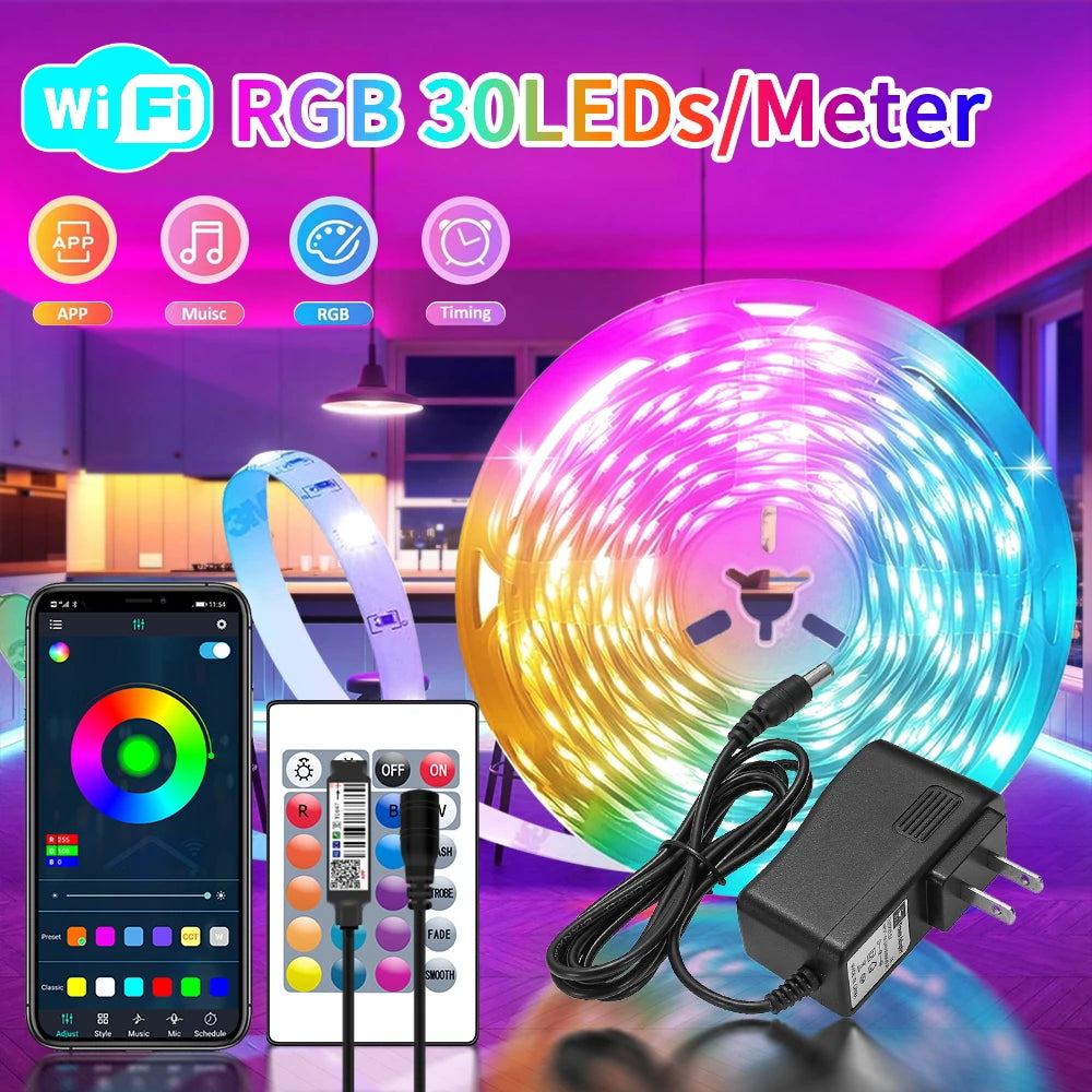 WIFI APP 5050 RGB LED Strip  24K Control With Battery And US plug Power Supply For Home Decoration  And Ambient Lighting