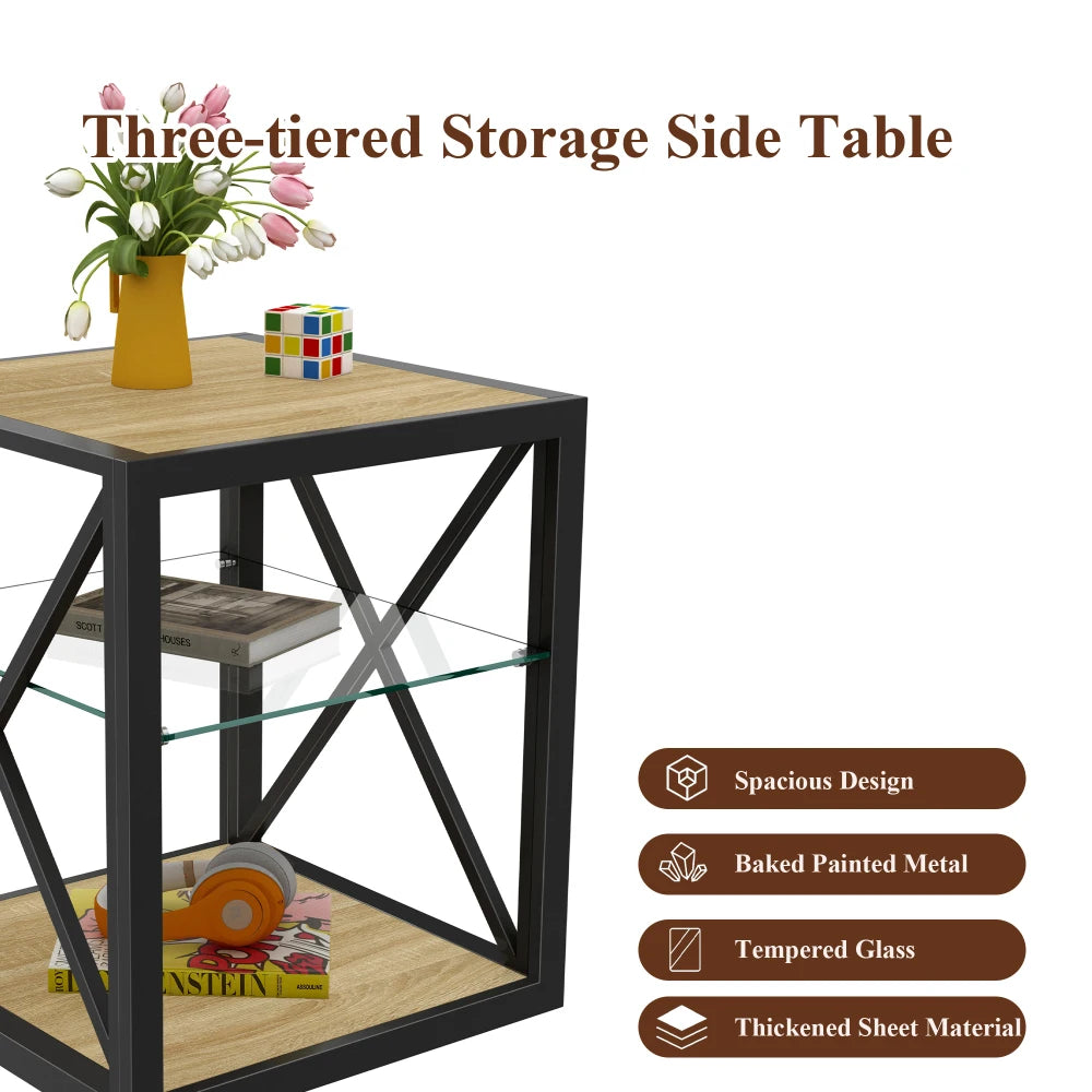 Modern coffee table for Bedroom & Living Room, Tempered Glass&Rustic Wood Grain MDF, Industrial Style coffee table