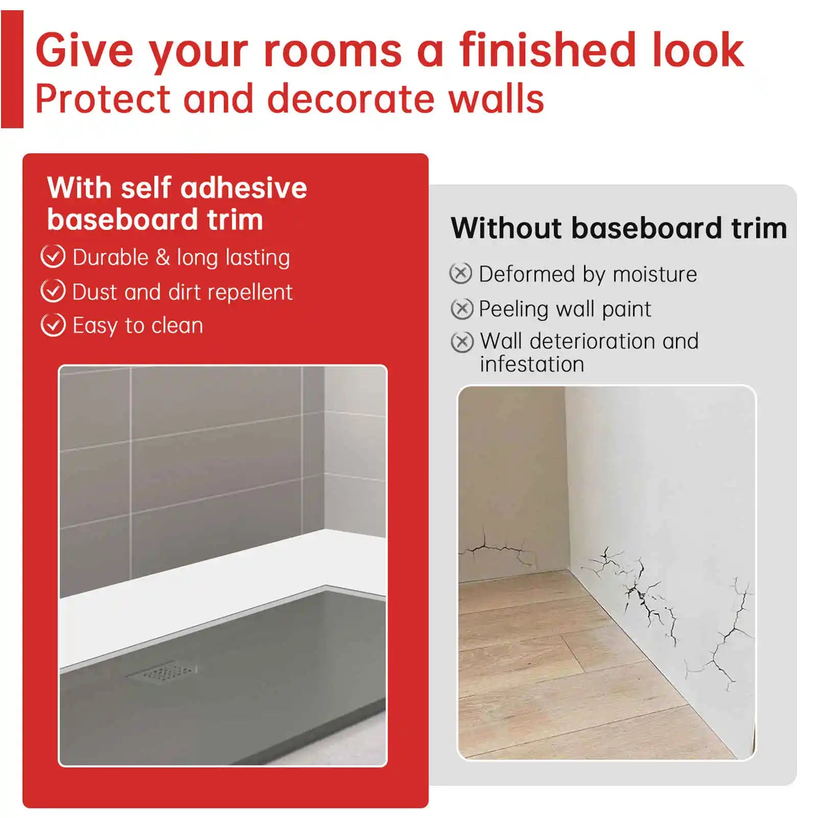 Baseboard Molding Trim,Flexible Wall Base,Floor Baseboard Decor,Peel and Stick Molding 4 Inch X 60 Feet Wall Trim(White)