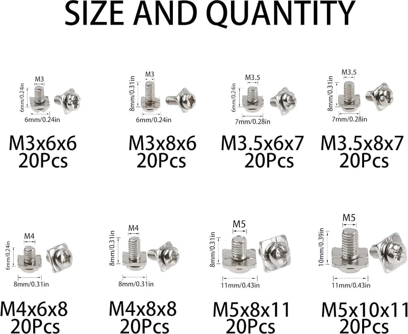 1/2 Box (160Pcs/box) M3 M3.5 M4 M5 Terminal Block Screws Assortment Kit with Square Washers Nickel Plated Carbon Steel Screws