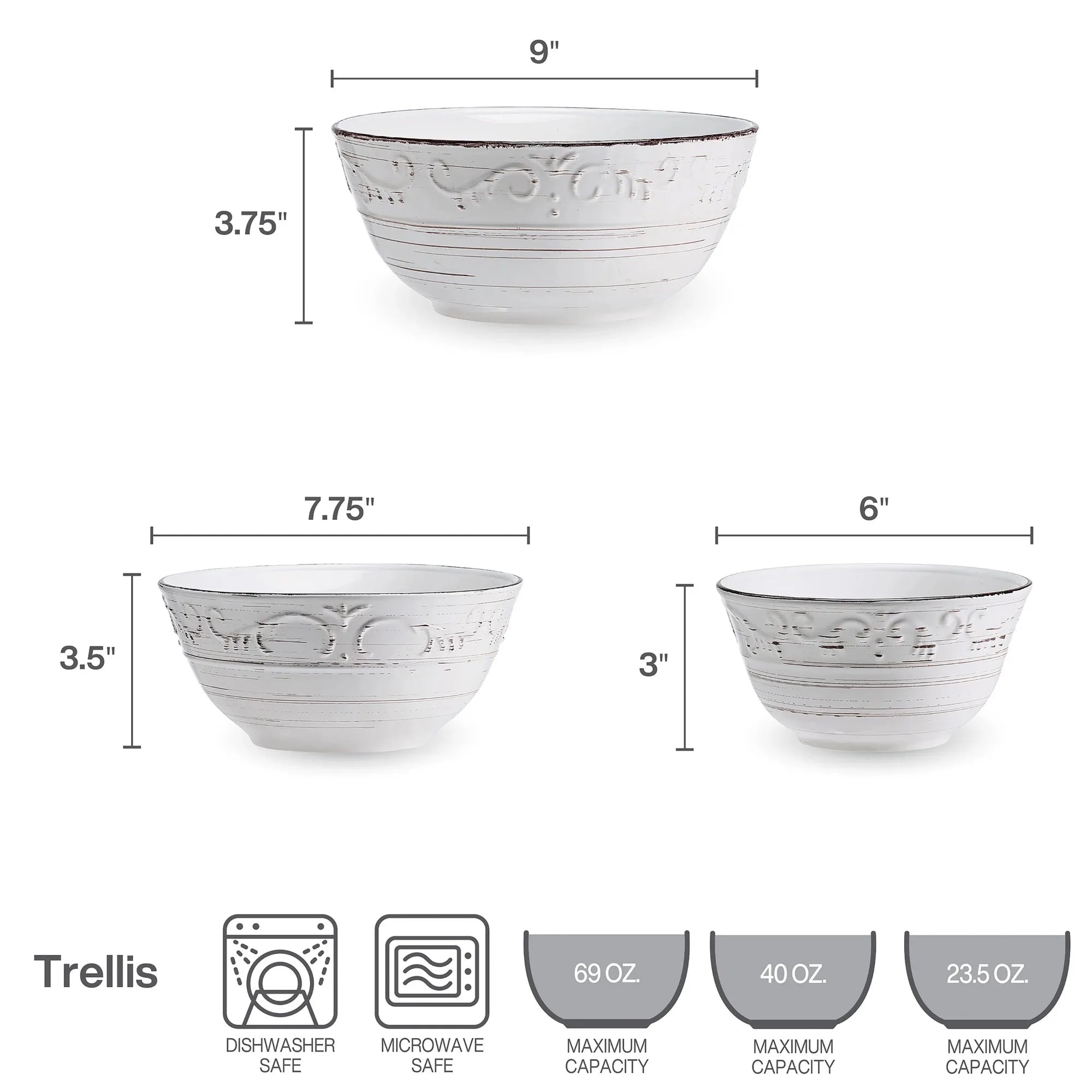 Stoneware Serving Bowls Set of 3 White,Dishwasher Safe