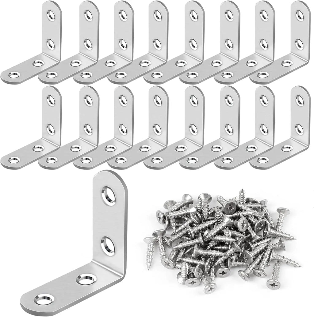 16 Pcs Stainless Steel L Brackets with Screws, 90 Degree Corner Braces for Furniture & Wood Shelves
