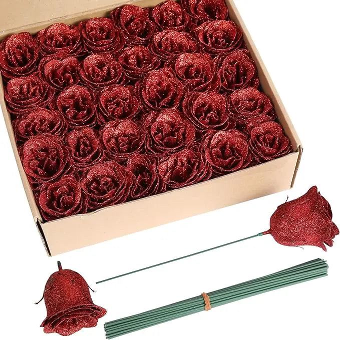 Mother's/Valentine's Day 30/50 pcs 7cm Glitter artificial flower rose girl friend wife DIY bouquet gifts for wedding Birthday