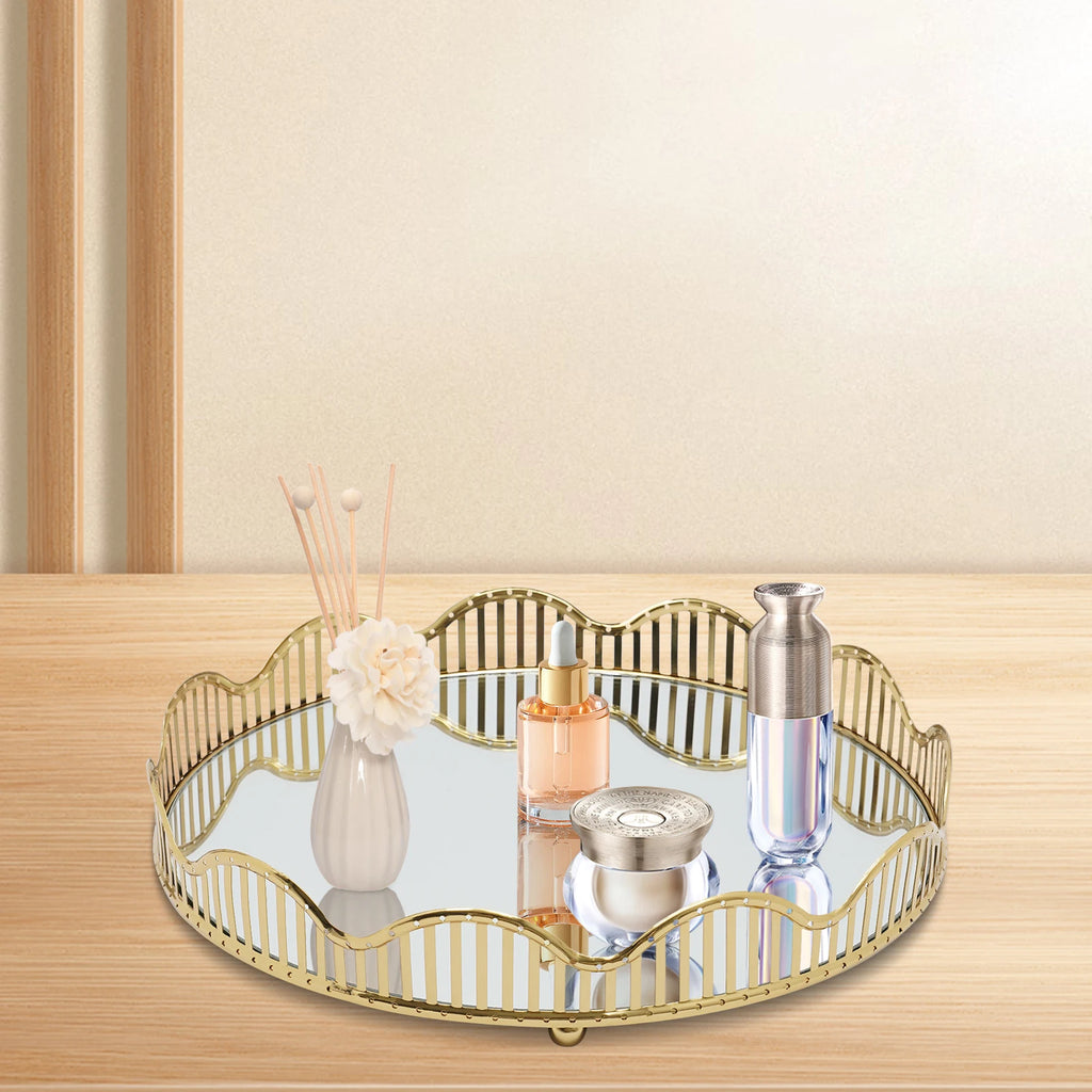 Serving Tray, Large Round Gold Mirror Tray 31.5x6cm, Cosmetic Makeup Organizer for Perfume, Decorative Tray
