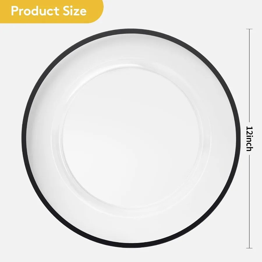 12 Inch Black Charger Plates 50 Pack Clear Charger Plates with Black Trim Disposable Plastic Dinnerware Wedding Party