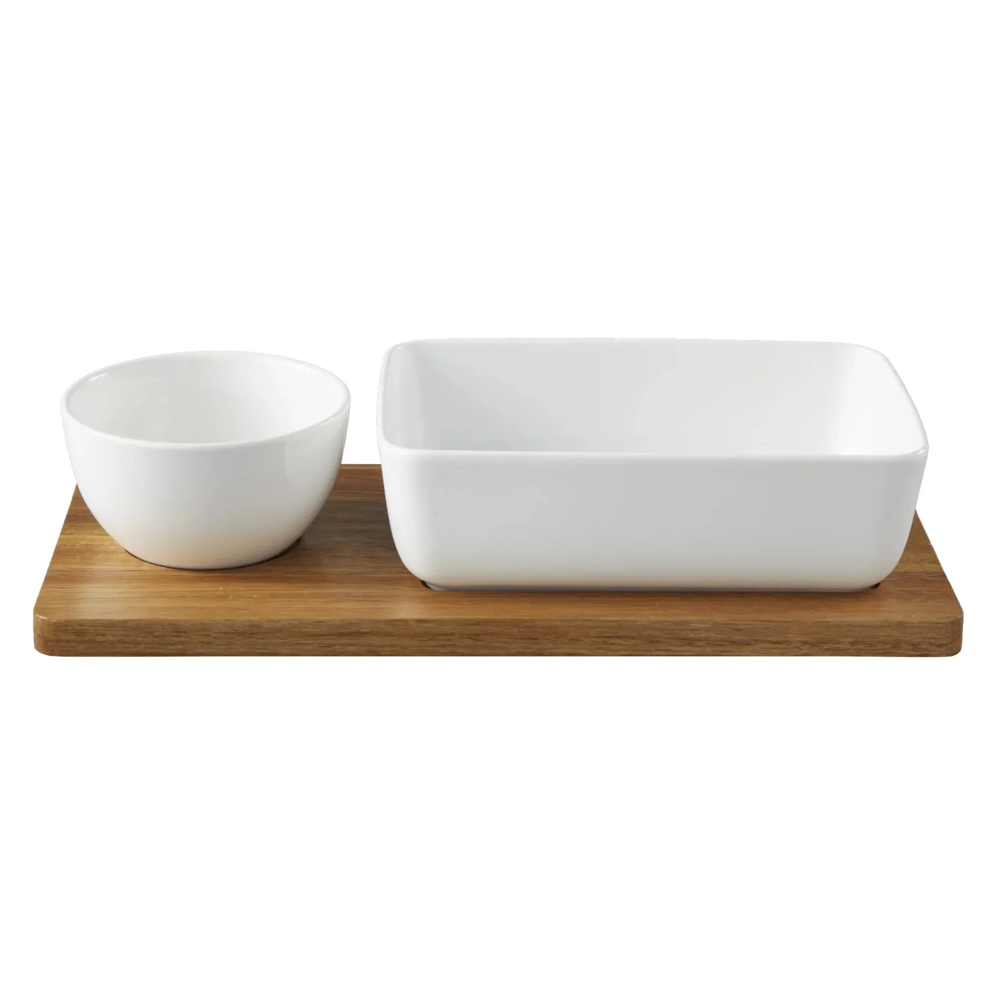 Ceramic Dip Bowl Set with Acacia Wood Tray - Chips & Veggie Platter for Entertaining