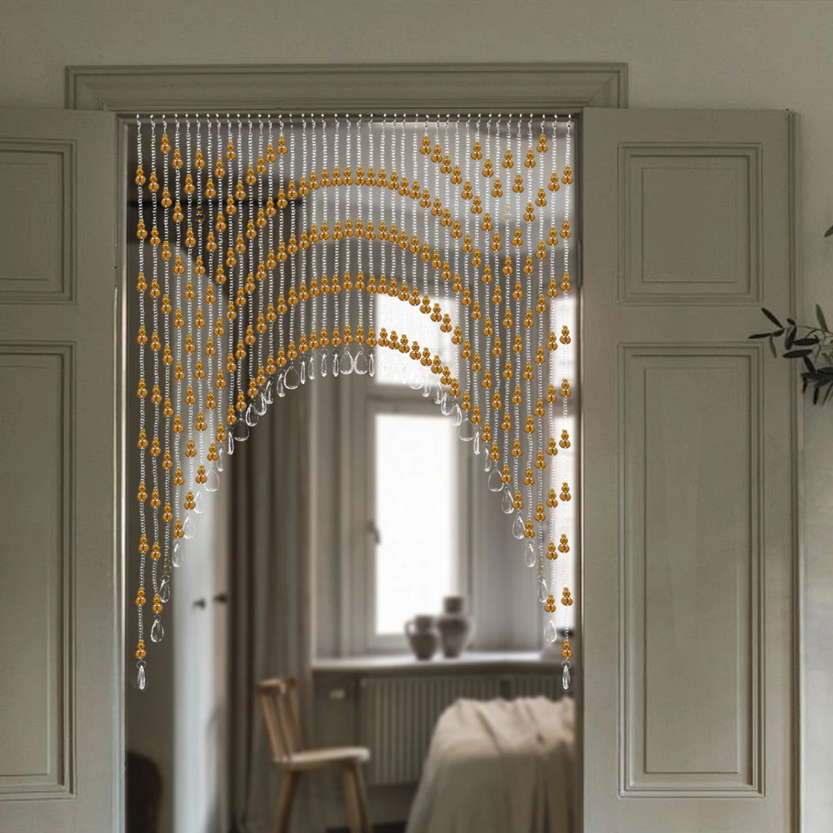 40 Strand Amber Crystal Beaded Door Curtain for Home Décor, Bohemian Room Divider & Vintage Doorway Partition, Hanging Beads
