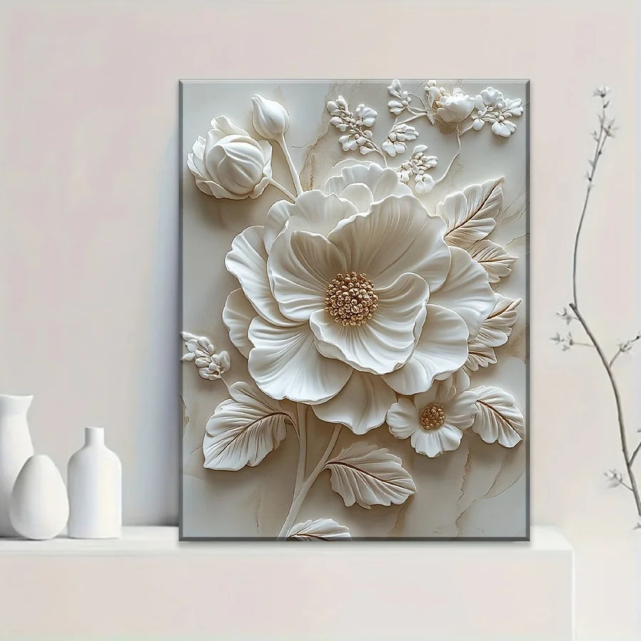 White Flower Pattern Wood Frame Canvas Murals Can Be Hung Directly Wall Mounted Decoration Suitable for HomeLiving Room