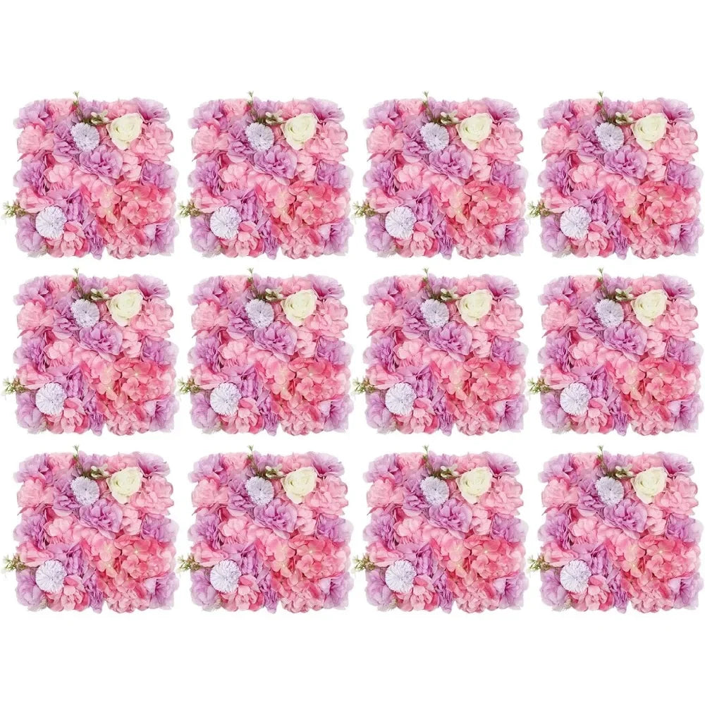 12PCS Flower Wall Panel 3D Artificial Flower Backdrop Wall Silk Hydrangea Rose Floral Panel for Wedding Terrace Garden Backyard