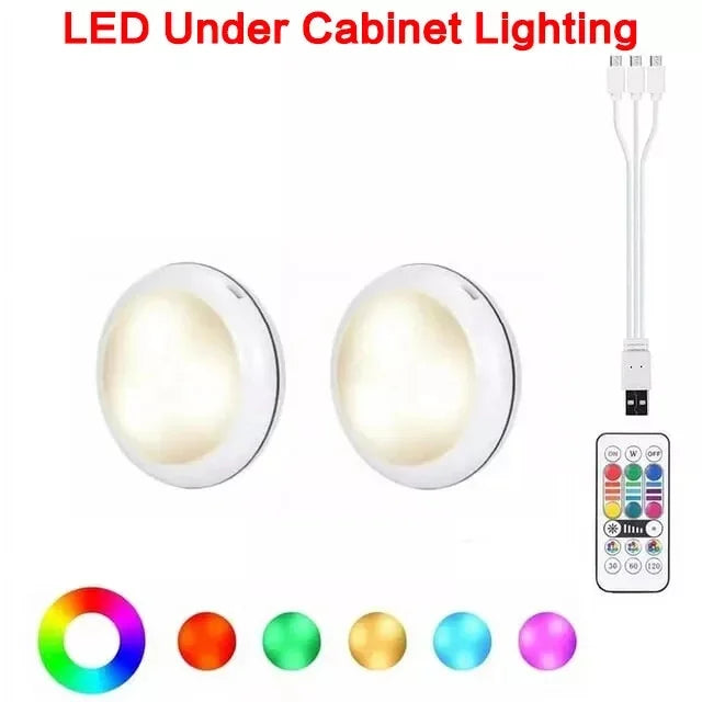 USB Rechargable RGBW LED Cabinet Light Puck Lamp 16 Colors Timmer Remote Under Shelf Kitchen Counter Lighting