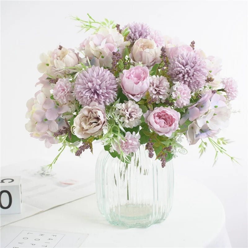 7 Heads Hydrangea Flowers Artificial Bouquet Silk Blooming Fake Peony Bridal Hand Flower Roses Wedding Centerpieces Decor