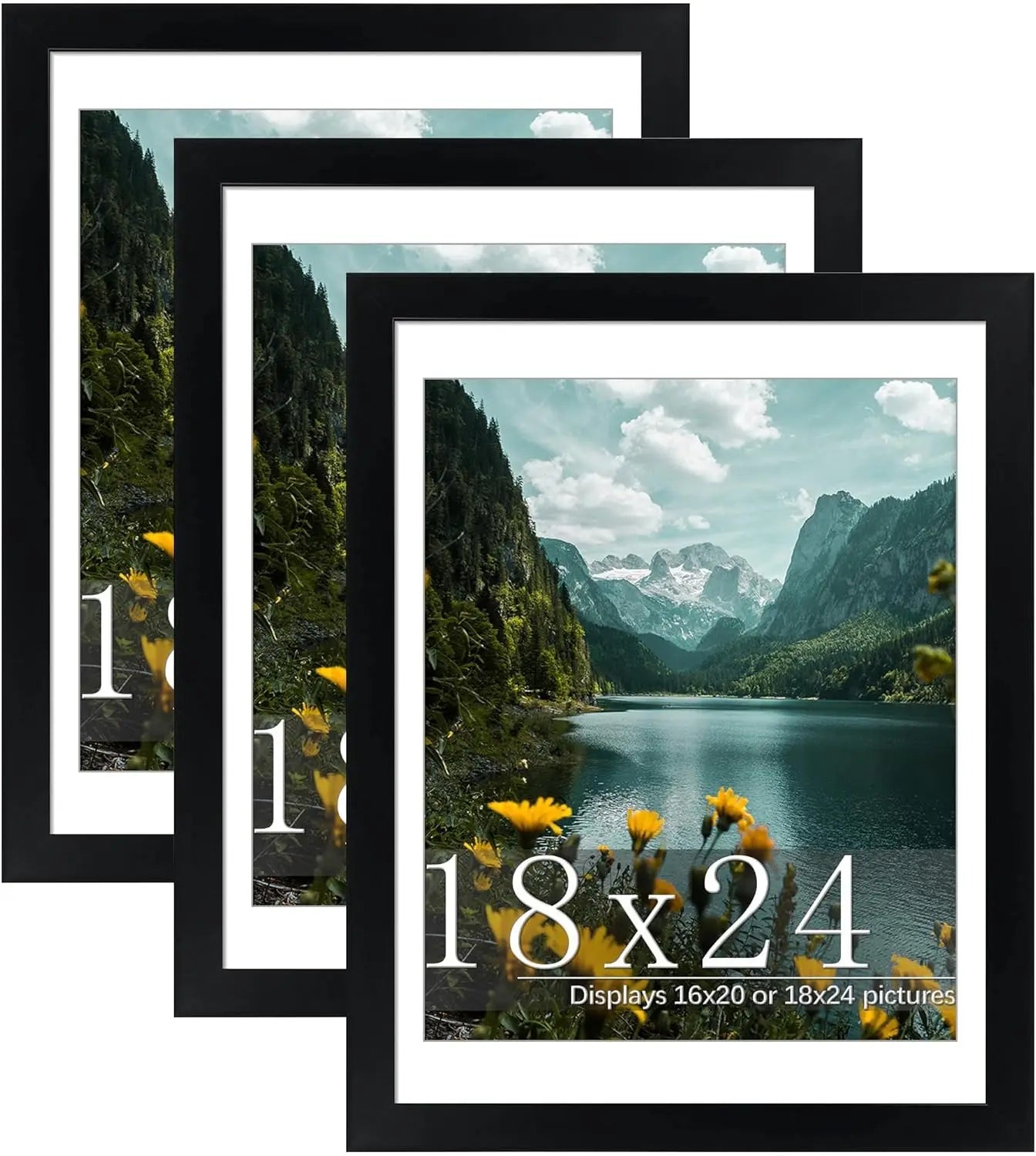 18x24 Picture Frame 3 Pack, Black Poster Frame with Mat for 16x20 or 18x24 Photos, Wall Mounting for Home Decor