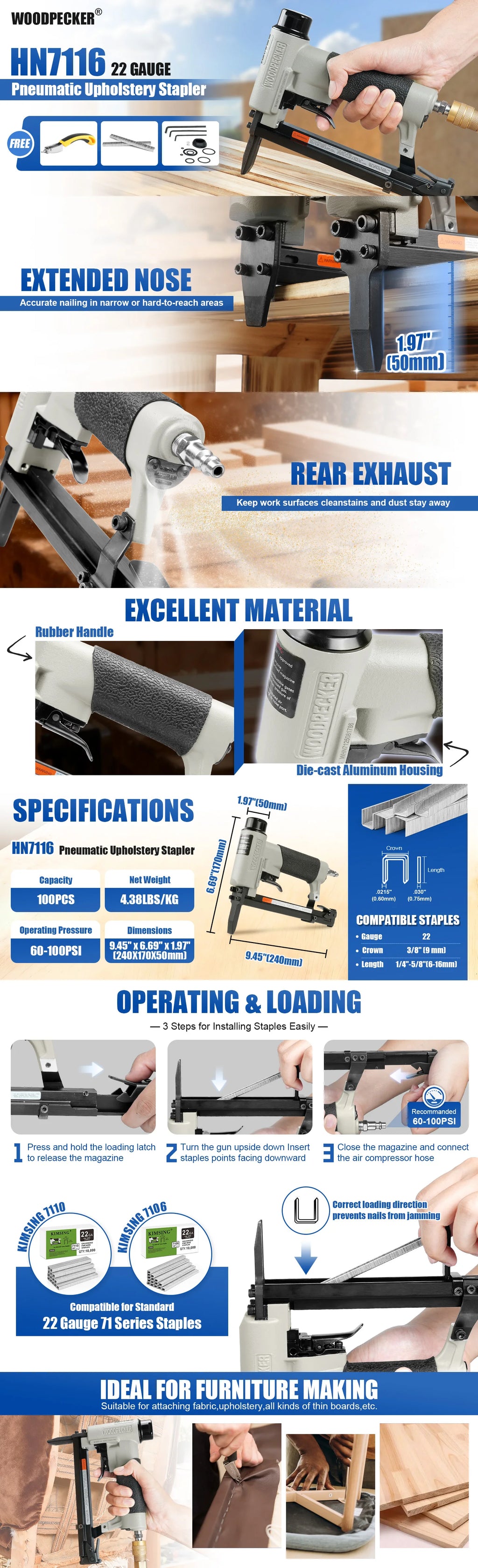 WOODPECKER HN7116 22Gauge 71 serise with Long Nose  Pneumatic StaplerUpholstery Staple Gun Tools for Woodworking