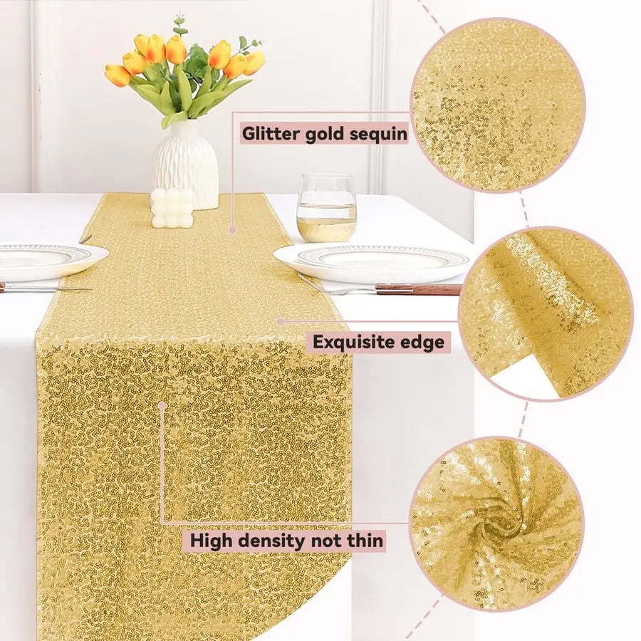 10 Packs 12 x 72 inches Sequin Table Runner, Glitter Gold Table Runner for Birthday Party Supplies Wedding Holiday Celebration E
