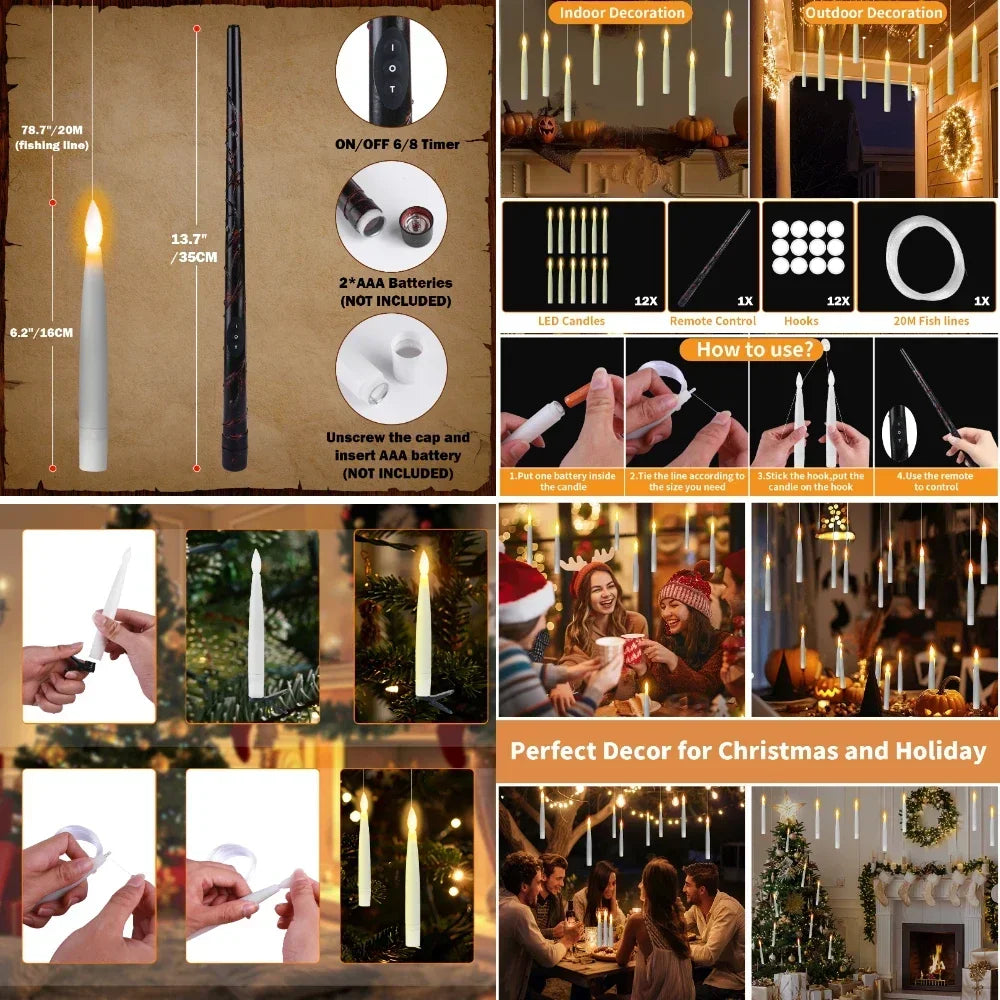 Flameless Taper Floating Candles with Magic Wand Remote Timer Flickering LED Hanging Christmas Halloween Decorations(12 Pack)