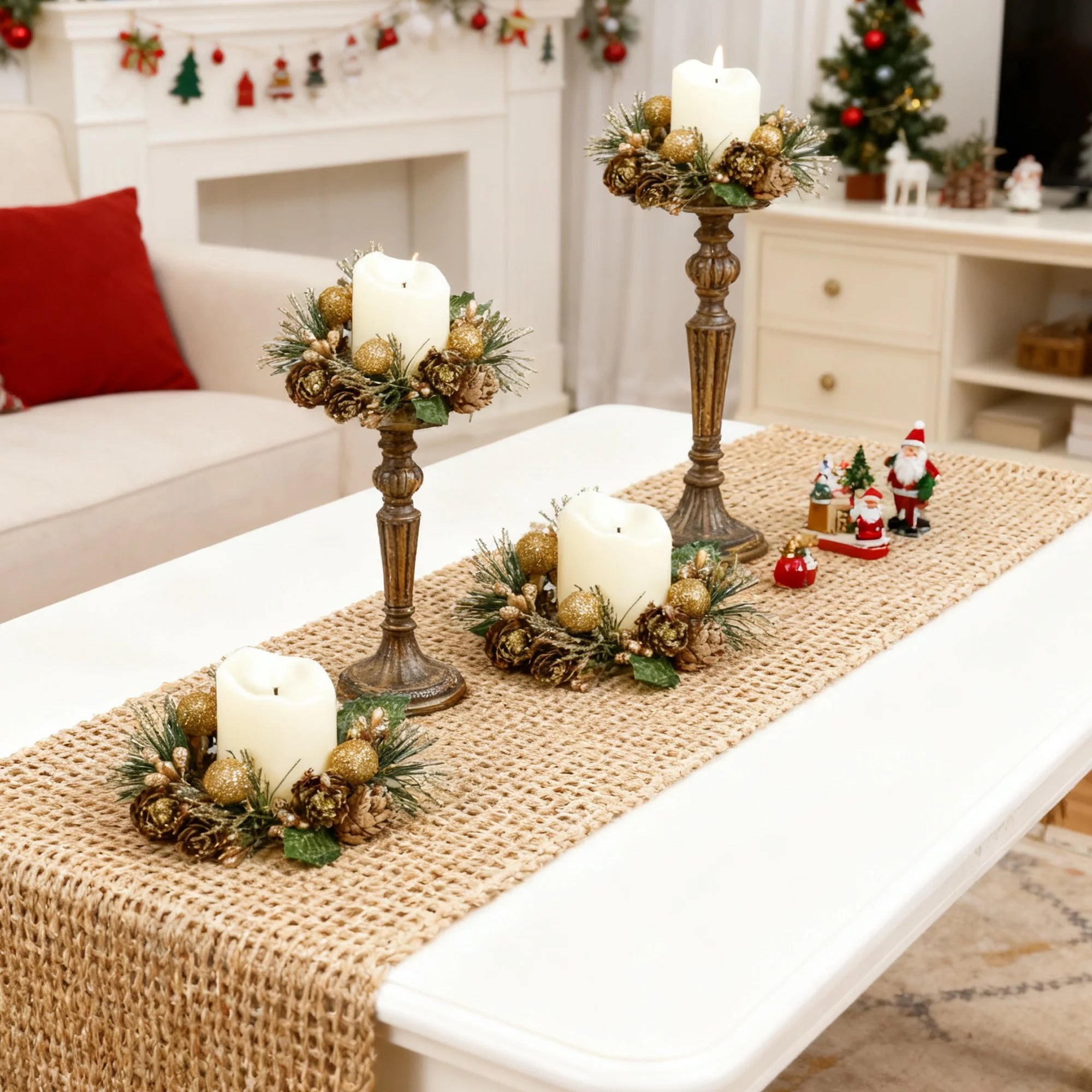 6-Pack LED Candles with Golden Berries & Pinecones Christmas Candle Rings for Table Front Door Cabinet Window in Glass Cup