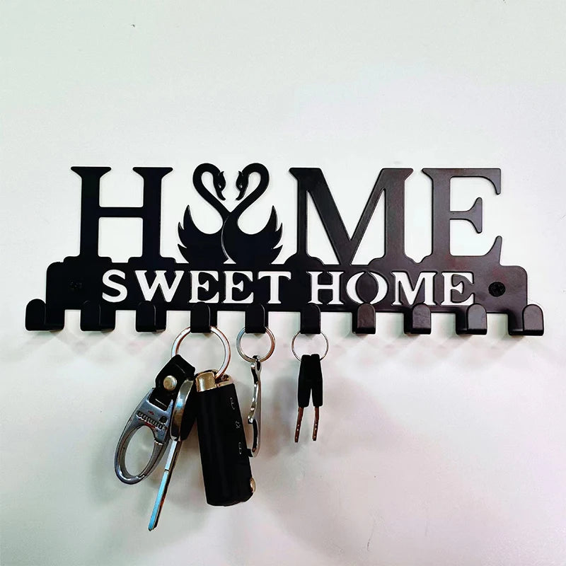 1pc Wall Mounted Decor Black Metal Key Holder Hooks With Sweet Home Decorative Hook For Wall Coat Rack Storage Rack Wall Hanging