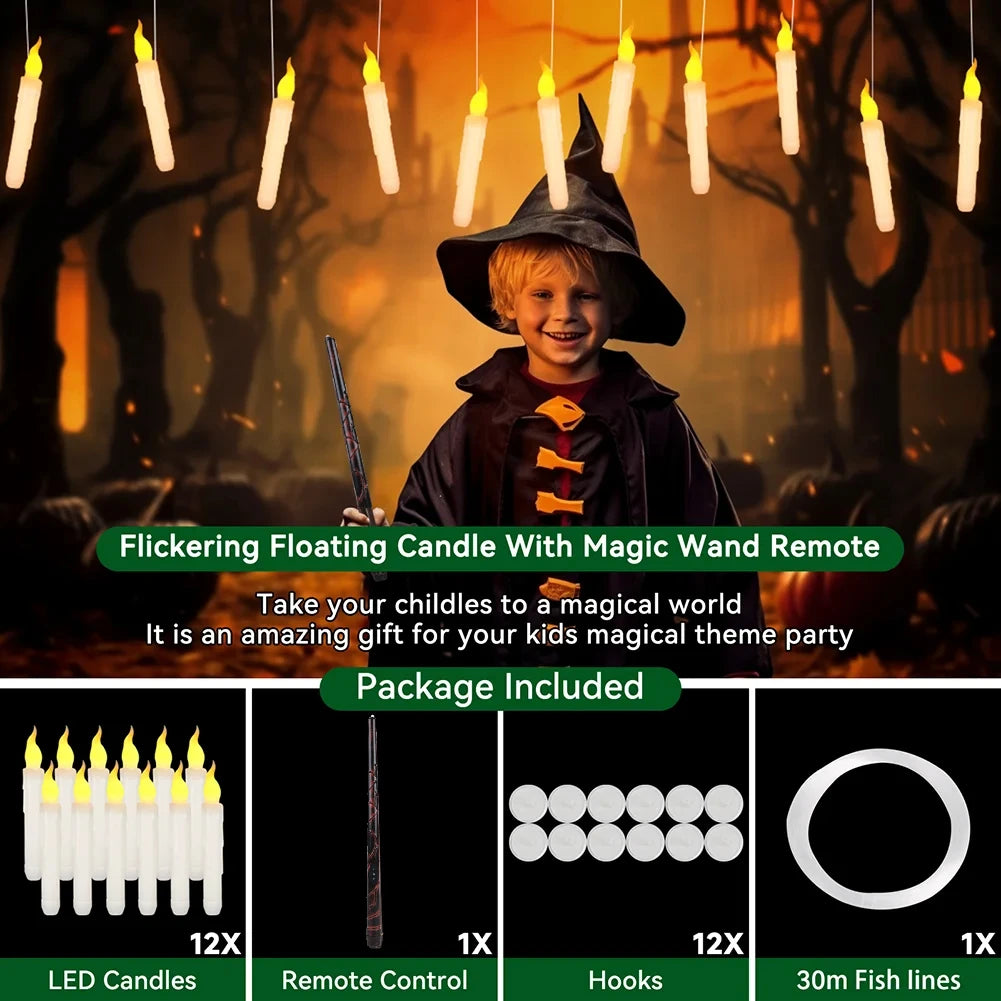 Flameless Taper Floating Candles with Magic Wand Remote Timer Flickering LED Hanging Christmas Halloween Decorations(12 Pack)