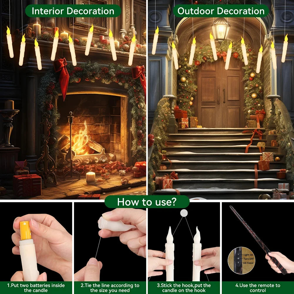 Flameless Taper Floating Candles with Magic Wand Remote Timer Flickering LED Hanging Christmas Halloween Decorations(12 Pack)