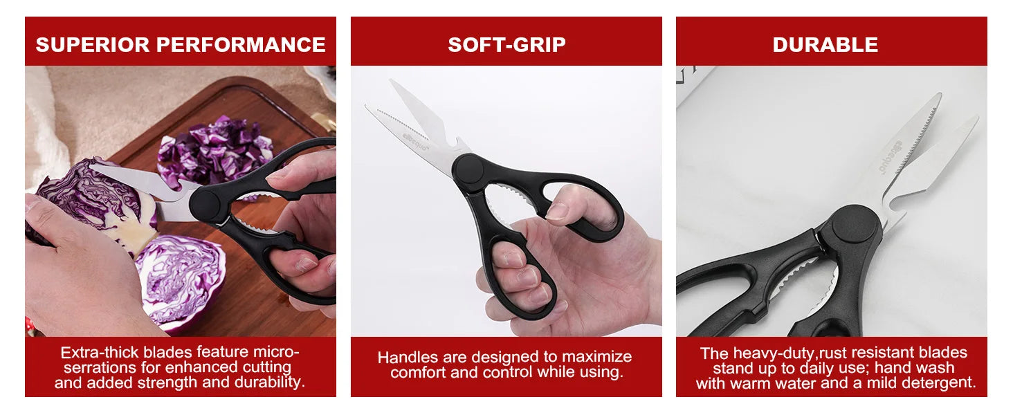 ELITEQUO All Purpose Kitchen Scissors, Heavy Duty Stainless Steel Scissors, Dishwasher Safe, Soft Grip Comfort Handle