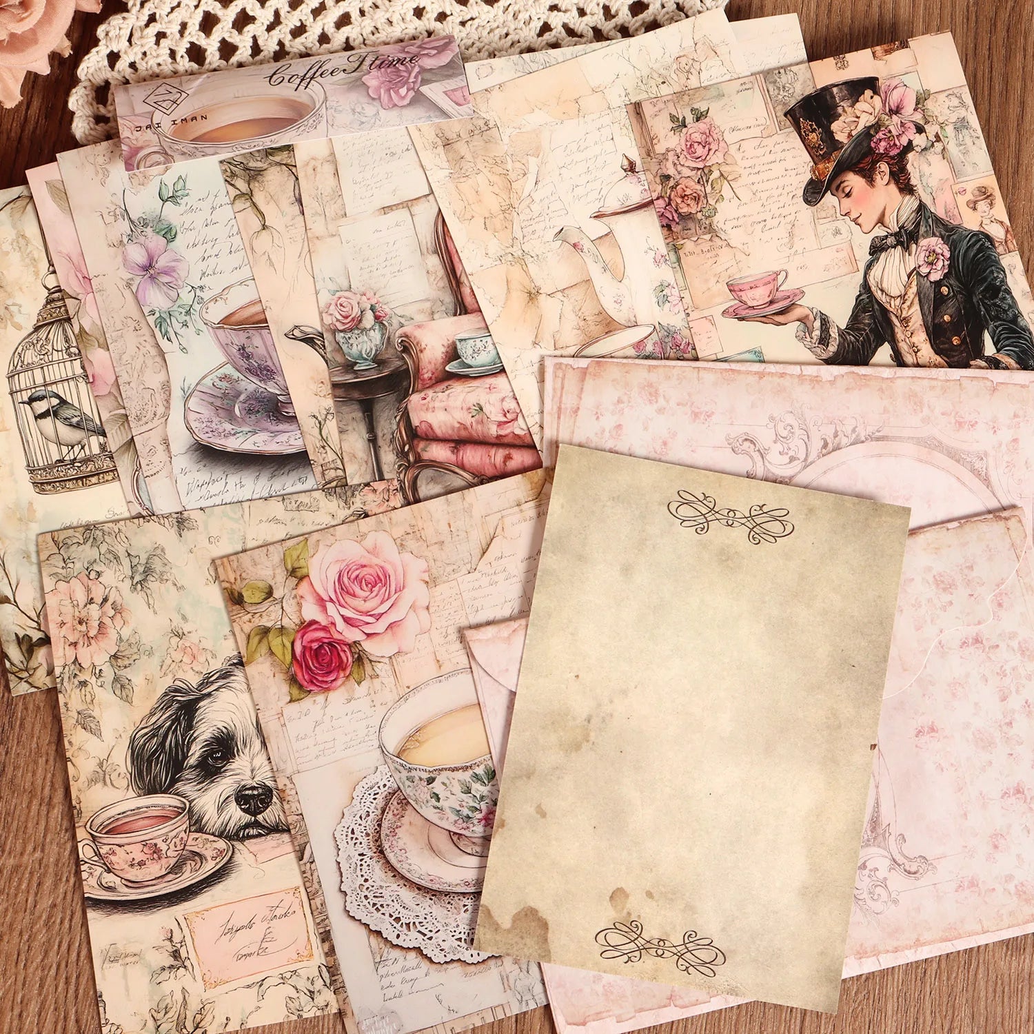 12cards, 4envelopes, 32stickers Victorian Floral Tea Double-sided Writable Thick Cardboard Set, for Scrapbooking, DIY Crafts