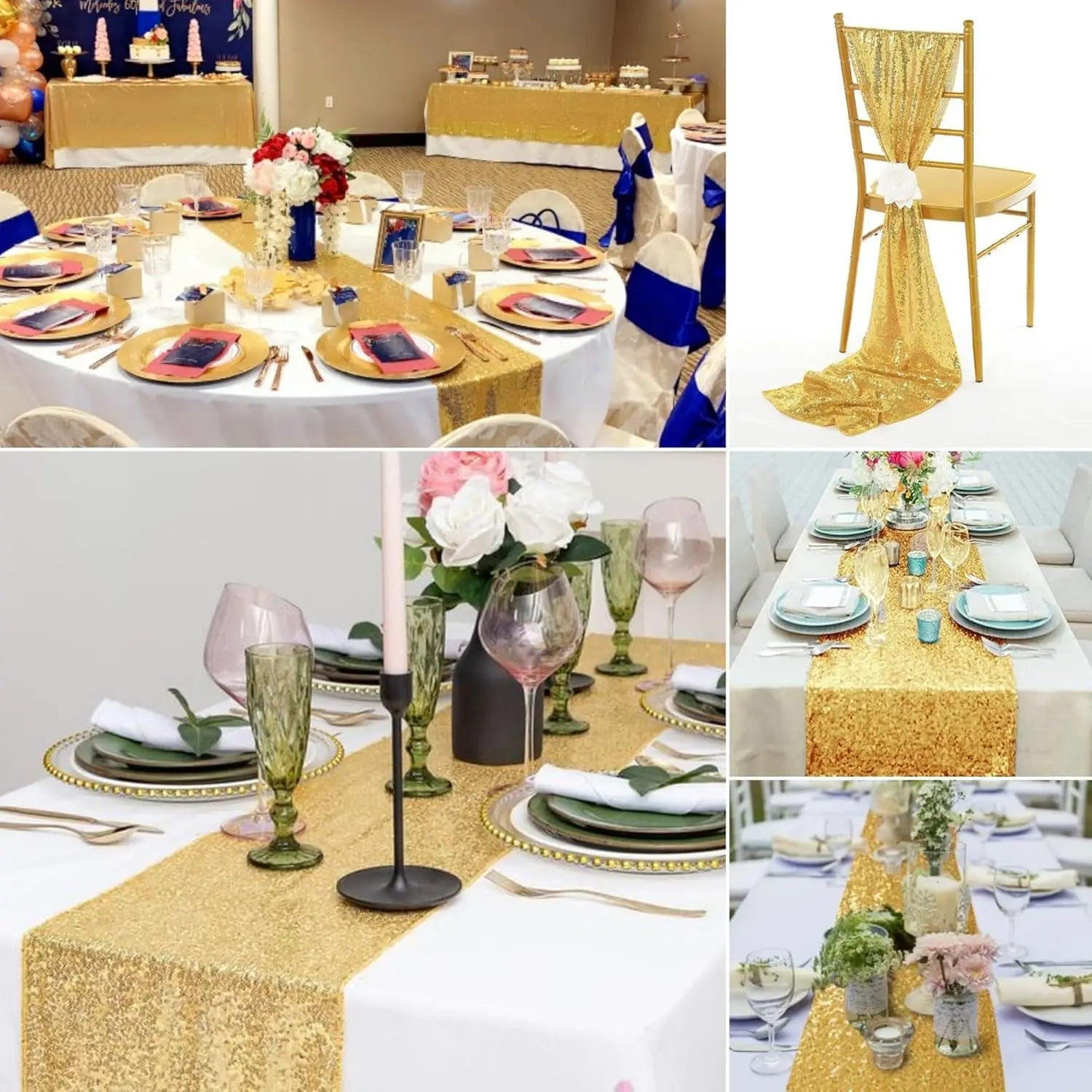 Gold Sequin Table Runners 12 x 72 inch, 16 Pack Glitter Fabric Sparkle Table Cloth for Holiday Birthday Wedding Bridal Mardi