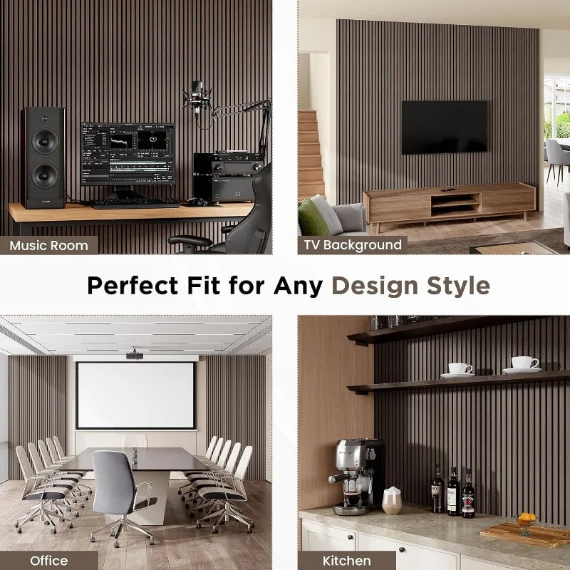 Wood Slat Acoustic Panels, 94.5" x 12.6" Each Soundpoof Wooden Slat Wall Panel - Dark Walnut, 4 Pack