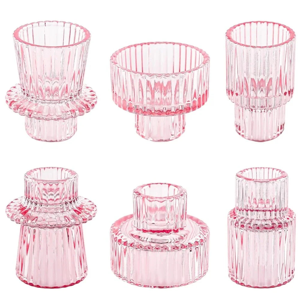 Glass Taper Candle Holder Short Small Boho Ribbed Votive Candlestick Holder for Table Centerpiece Wedding Decor and Dinner Party
