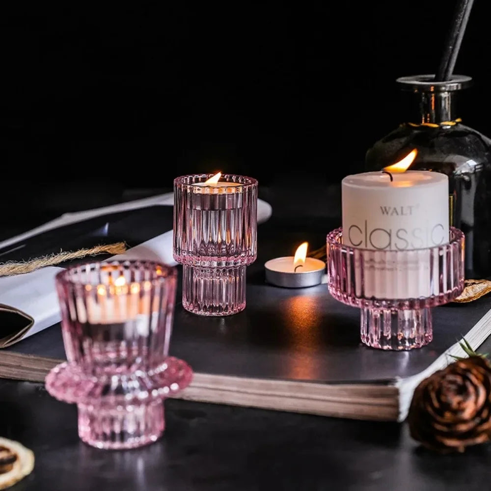 Glass Taper Candle Holder Short Small Boho Ribbed Votive Candlestick Holder for Table Centerpiece Wedding Decor and Dinner Party