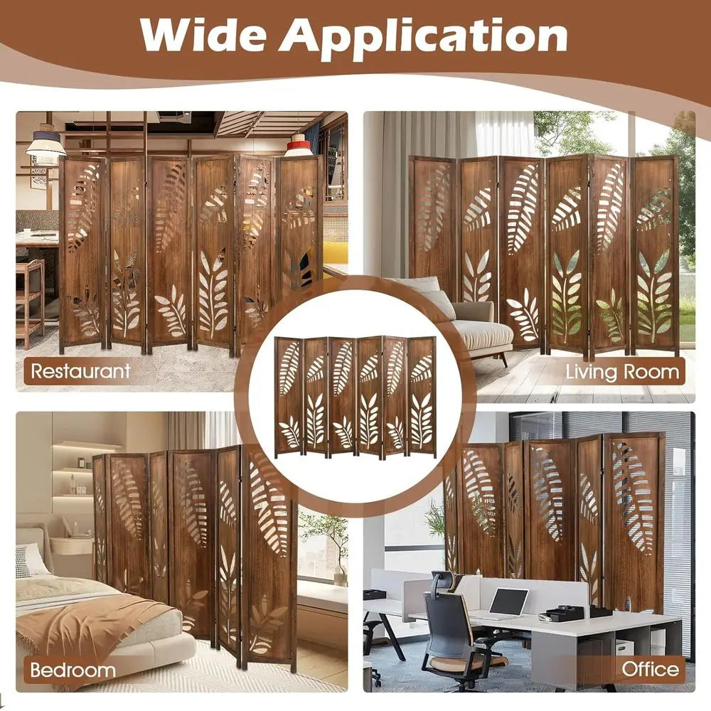 6 Panel Carved Leaf Wooden Folding Screen, 67 Tall, Freestanding Room Divider, Brown, for Privacy and Decor