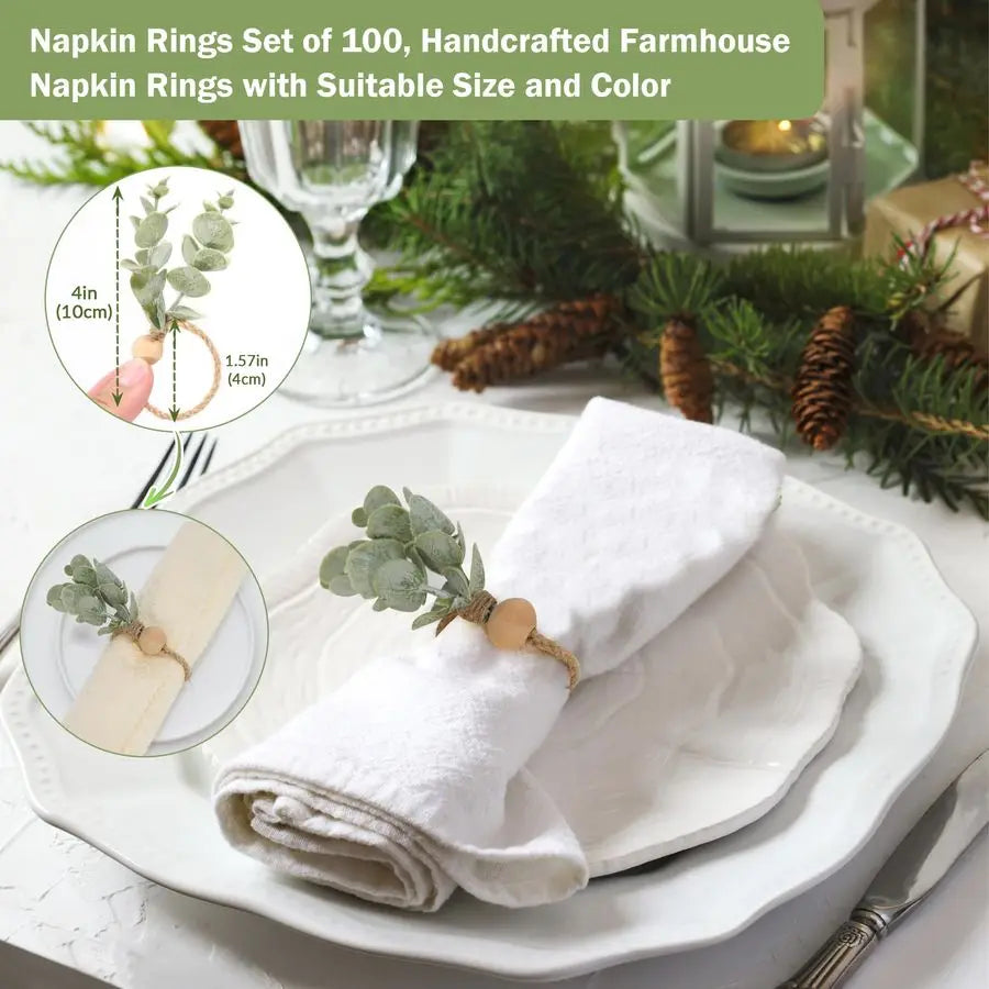 Deco Napkin Rings Set of 100, Rustic Farmhouse Boho Green Leaf Wooden Napkin Rings for Spring Summer, Thanksgiving Christmas, We