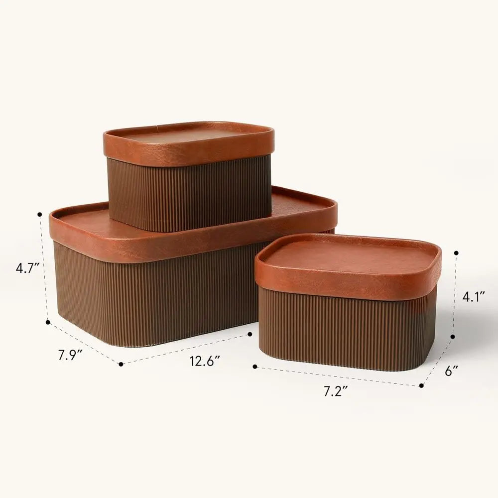 Sturdy Leather-Like Lidded Cardboard Storage Baskets, Stackable Decorative Trays, Chocolate Brown, 3-Piece Set