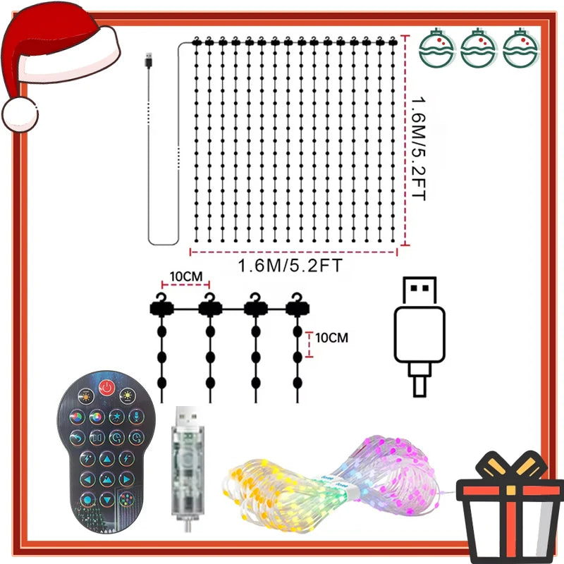 256-400LEDs Smart Curtain Lights Waterproof LED Fairy Lights DIY Color Changing APP Control for Christmas Party Home Decoration